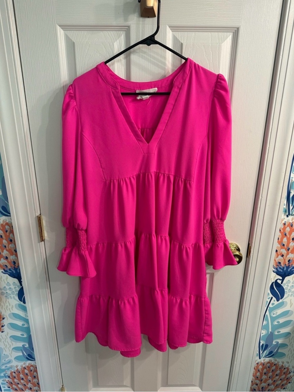 Pomander Place Hot Pink V-Neck Tiered Tunic Dress